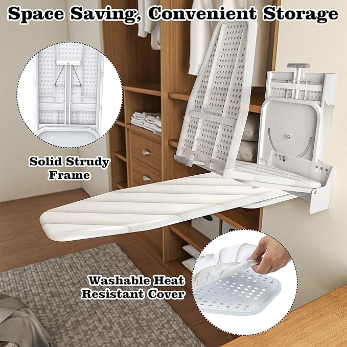 Wall-Mounted Ironing Board 37.4" x 11.8" Compact Mount Fold Down Iron Board Foldable 180° Swivel Iron Board with Heat Resistant Cover Space Saving for Home Laundry Room, Apartment, Dorms