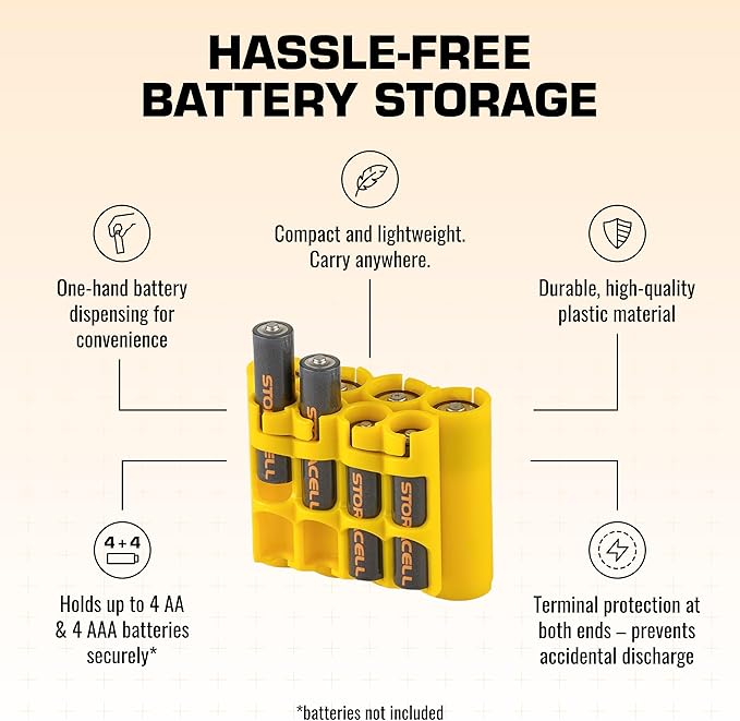 Storacell AA + AAA Combo Battery Storage Caddy and Dispenser (Pack of 2), Yellow, Holds 4 AA + 4 AAA Batteries (Not Included), Durable & Compact, The Original Battery Caddy, Made in USA