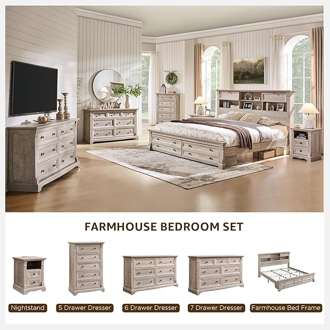 T4TREAM Farmhouse 5 Drawers Dresser for Bedroom, 47" Tall Wood Rustic Chest of Drawers, Vintage Design with Metal Handle, Light Rustic Oak