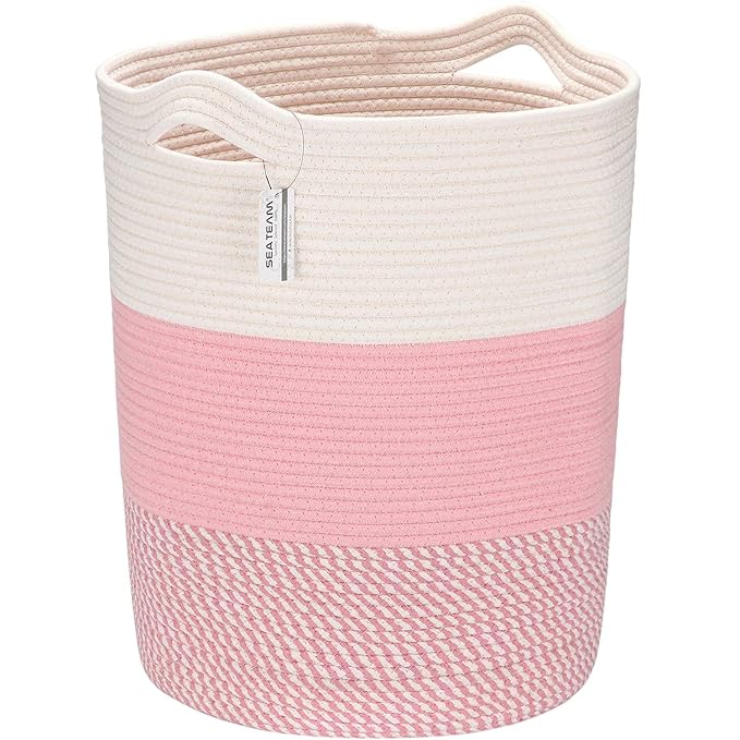 Sea Team Large Size Cotton Rope Woven Storage Basket with Handles, Laundry Hamper, Fabric Bucket, Drum, Clothes Toys Organizer for Kid's Room, 20 x 14 inches, Round Open Design, White & Mottled Pink