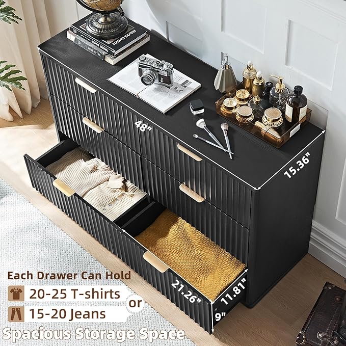 LEYAOYAO Fluted 6 Drawers Dresser Set of 2, 48" Wide Modern Chest of Drawers with Woodgrain Top, Curved Profile Design, Dresser TV Stand, Wooden Drawer Organizer for Bedroom, Living Room,Black