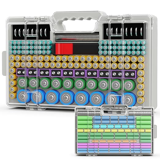 Battery Organizer Storage Holder Box Case with Tester, Ultra-Large 280+ Batteries Double-Sided Variety Pack,Holds AA AAA 4A C D Cell 9V 3V Lithium18650 LR44 CR2 CR123 CR1632 - Gray