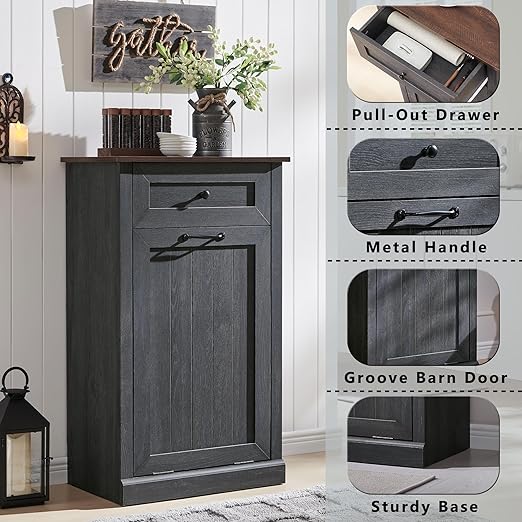Tilt Out Trash Can Cabinet, 10 Gallon Farmhouse Laundry Hamper Cabinet with Drawer, Hidden Wooden Trash Garbage Can Bin with Storage Basket for Kitchen, Living Room (Dark Grey)