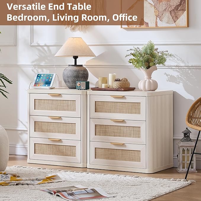 LEYAOYAO Rattan Night Stand Set of 2 with Charger Station, 23" Large 3 Drawer Boho Nightstand, Grey White Bedside Table Storage Cabinet, Bed Side End Tables for Bedroom, Living Room, Hallway