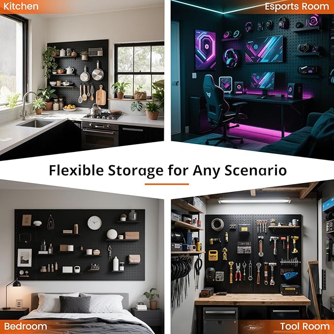 Pegboard, 2 PCS 24"×16" Metal Peg Board Panels Black Modular Wall Organizer Kit with 30 Hooks, Dual-Size Hole Design for Home Tool Storage, Garage Organization, Kitchen, Office, Craft Room
