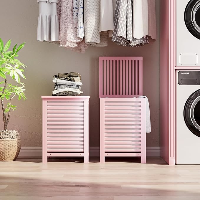 SMIBUY Double Laundry Hamper with Lid, 120L Bamboo Laundry Basket with Removable Liner Bag, 2-Section Clothes Divider Laundry Sorter for Laundry Room, Bathroom, Bedroom (Pink)