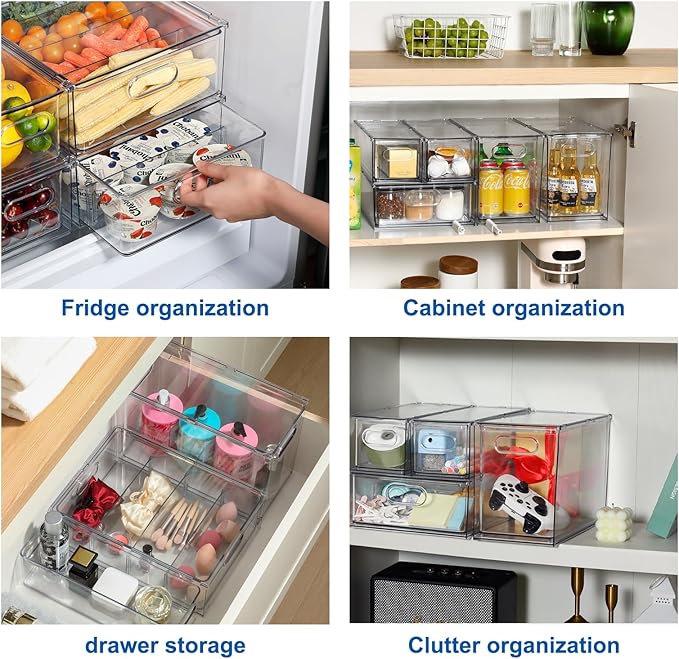 Fridge Drawer Pull Out Stackable Bins, Clear Refrigerator Stackable Organizers, Fridge Organizer Storage for Kitchen, Pantry, Vegetables, Fruits (4 Small)