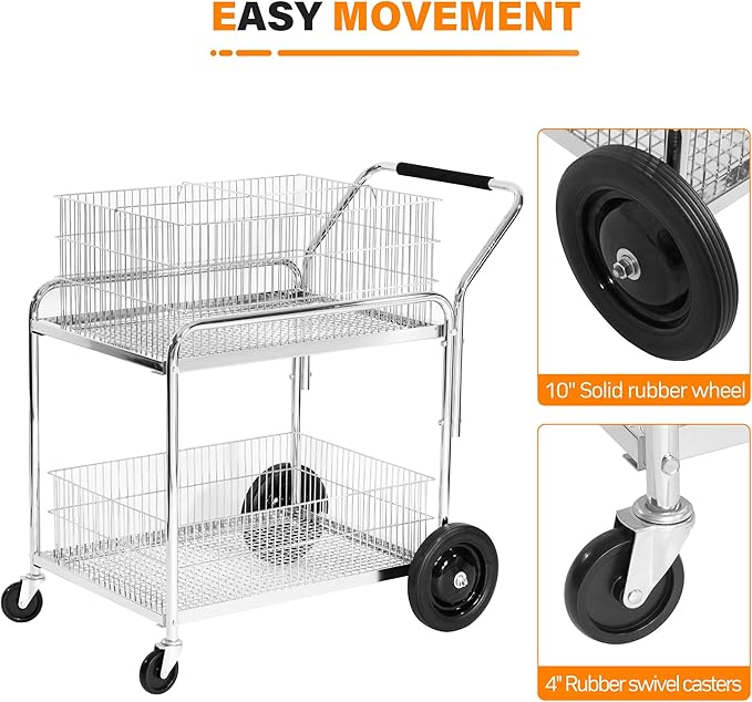 Mail Office File Cart, 400lb Capacity Heavy Duty Steel File Organizer Cart, 2 Shelf Basket Wire Office File Cart for Offices, Home, Warehouse，Court.