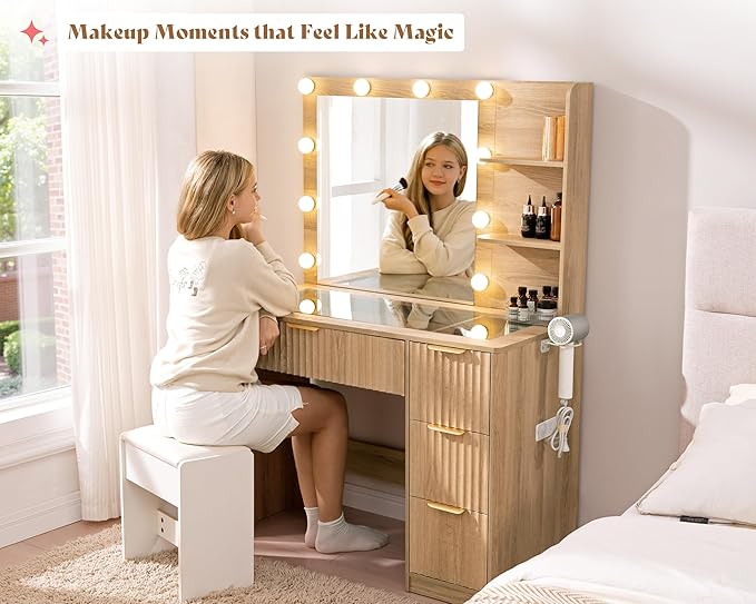 AMERLIFE 36.2" Fluted Vanity Desk with Mirror and Adjustable LED Lights, Large 4 Drawers Makeup Table with Glass Top and Charging Station for Women and Girls, Bedroom or Dorm, Natural Oak