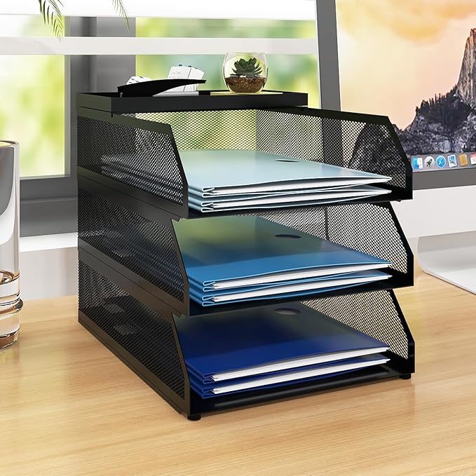 Natwind 3-Tier Desk Organizer,Desk Accessories, Stackable Paper Tray, Metal Mesh Desktop Organizer, Paper Sorter, Letter Trays,File Document Storage Rack for for Home, Office, School (Black)