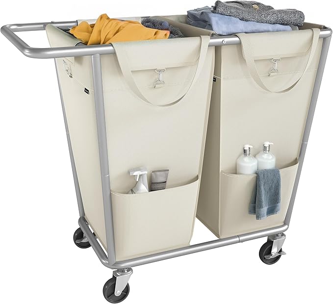SONGMICS Laundry Basket with Wheels, 2-Section Laundry Sorter, 50.2 Gallons (190 L) Rolling Hamper with Removable Bags, Heavy-Duty Steel Frame, Cream White URLS009W01
