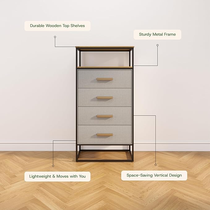 tinge Zana Premium Fabric Dresser - Strong Metal Frame, 4 Spacious Sag-Proof Drawers & Sturdy Wooden Top Shelf - Premium, Sleek & Durable Storage Solution for Your Home (Silver)