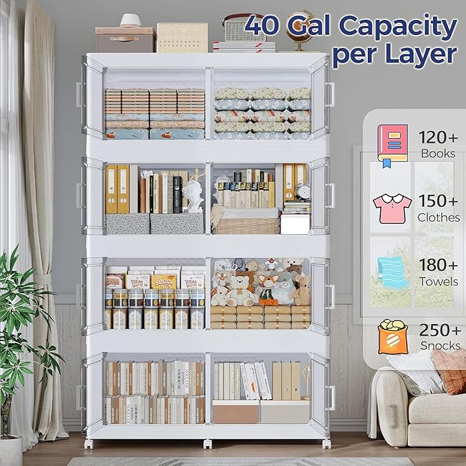 160Gal Stackable Storage Bins with Lid, 640Qt Extra Large Collapsible Storage Box with Wheels, Dividers, Folding Plastic Cabinet Closet Organizers for Home Kitchen Office Dorm, 4Pack White