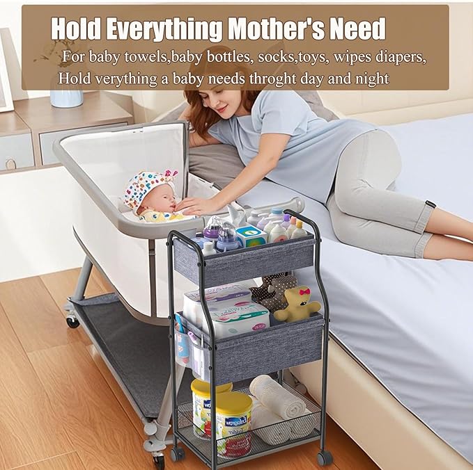 3-Tier Baby Diaper Caddy Organizer and Storage Cart, Mobile Metal Utility Cart with Rolling Wheels for Nursery Essentials with 4+2 Dividers, Large Capacity Rolling Cart For Kitchen, Bathroom, Office