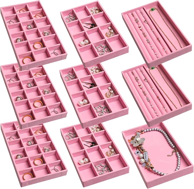 Frebeauty Jewelry Organizer Tray,Stackable Velvet Jewelry Trays,Drawer Inserts Earring Organizer For Women Jewelry Storage Display Case for Rings Stud Necklaces,8.3 x 4.9 x 1 Inches (Pink)