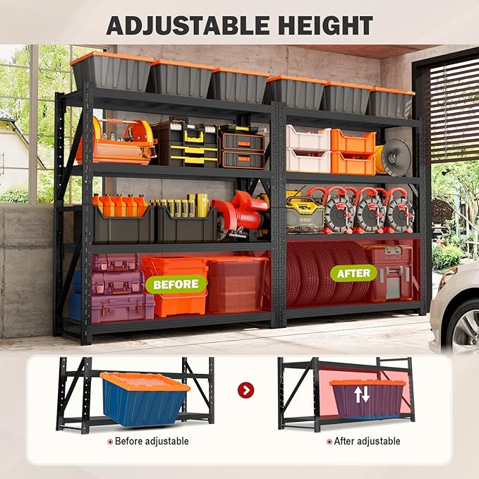 3000LBS Garage Shelving Heavy Duty, 79” H Storage Shelves, 4-Tier Adjustable Metal Storage Shelves, Steel Industrial Shelving Unit, Metal Shelving for Garage, Basement, Warehouse (Black, 31.5x20x79in)