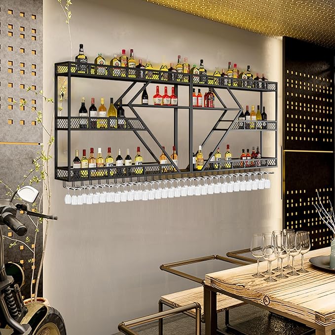63in Metal Wine Rack Wall Mounted, Modern Wine Storage Rack Wall Mounted with Wine Glass Holder, Liquor Shelf, Bar Shelves for Liquor Bottles (3TIERS Black, 63 * 7.87 * 33.85INCH)