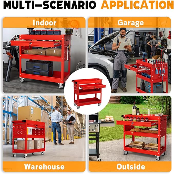 3 Tier Tool Cart on Wheels with Drawers - Three Tier Rolling Cart with Lockable Storage - Mechanic Tool Chest - Tool Chest with Wheels Used in Garage, Indoors, Workshop (Red)