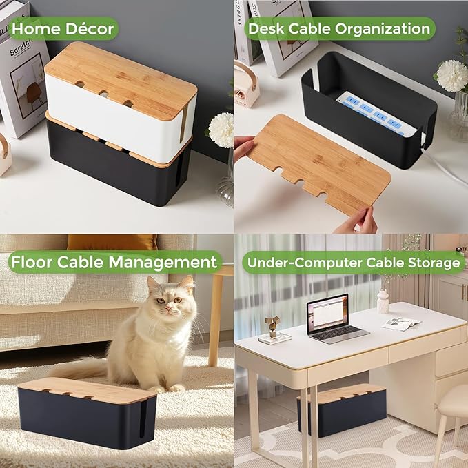 Cable Management Box, Cord Cable Organizer Box with Bamboo Lid, Under Desk Cable Management with 10 Cable Ties and 2 Cable Clip Holders for TV Router Computer USB Hub Black