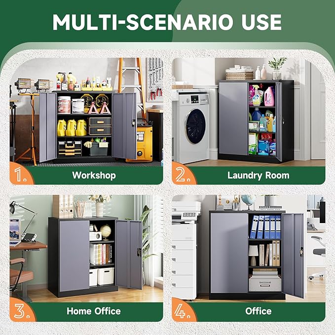 Letaya Metal Storage Cabinets with Lock Door,2 Adjustable Shelves Organizer Steel Storage Cabinets for Home,Office,Warehouse,Garage,Employee Lockers(Black Gray)