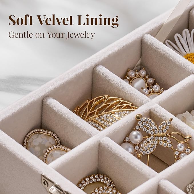 48 Grid Earring Organizer and Storage: Velvet Jewelry Tray with Lid, Jewelry Box for Studs, Earrings, Rings, Necklaces, Dresser & Vanity, Earrings Case for Girls, Women, Beige