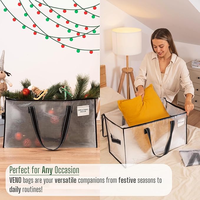 VENO 4 Pack Moving Bags, Comforter and Blanket Storage Bags for Closet, Moving Boxes, Boxes with Lids Alternative, College Dorm Packing Supplies, Foldable Heavy-Duty Tote with Window (Clear, 4 Pack)