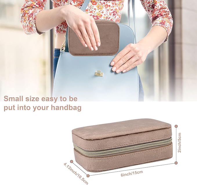 Dajasan Velvet Travel Jewelry Case, Mini Portable Travel Jewelry Organizer Boxes, Jewelry Gift Box for Birthday Mother's Day Valentine's Day Christmas (Khaki)