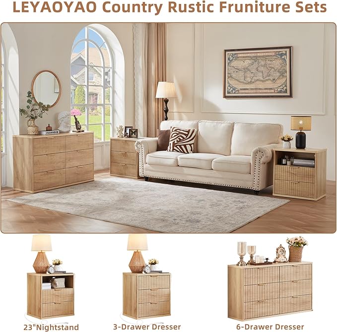 LEYAOYAO Fluted 6 Drawers Dresser, 48" Wide Modern Chest of Drawers with Woodgrain Top, Curved Profile Design, Dresser TV Stand, Wood Drawer Organizer for Bedroom, Living Room, Hallway,Wood