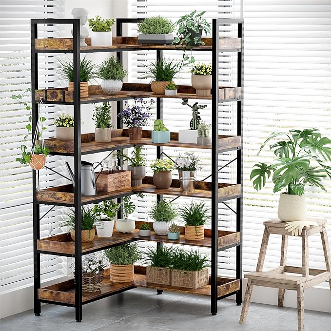 KOUSEI 6-Tier L-Shaped Reversible Corner Bookshelf, 69" Rustic Brown Industrial Wood & Metal Bookcase, Wide Open Shelves + 4 Hooks for Living Room/Bedroom/Home Office