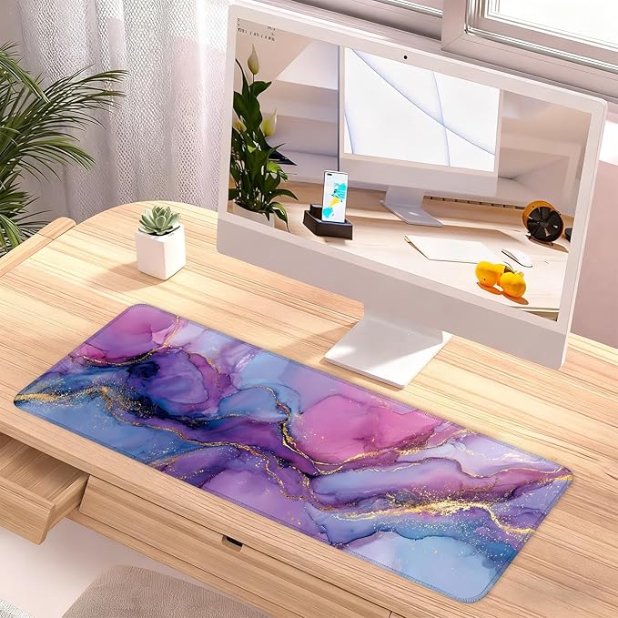 Purple Marble Ink Mouse Pad – Large Extended Desk Mat 31.5 x 11.8 in– Alcohol Ink Watercolor with Gold Vein Design, Non-Slip Base, Waterproof Surface, Aesthetic Keyboard & Mouse Pad