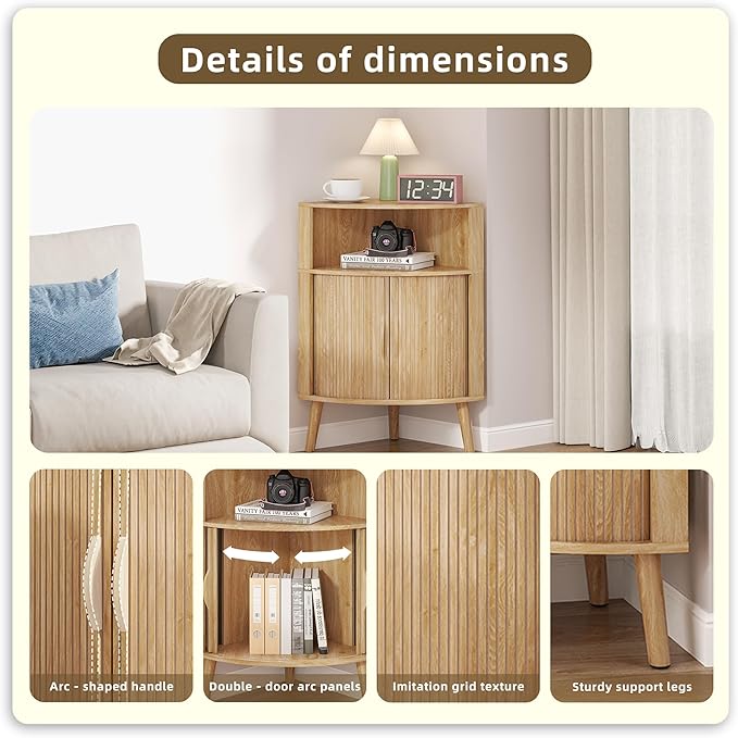 Bathroom Corner Storage Cabinet, 31.5''H Small Floor Corner Cabinet with 2 Fluted Doors and Shelves, Freestanding Narrow Cabinets Organizer for Living Room, Kitchen (Wood Color, 31.5''H)