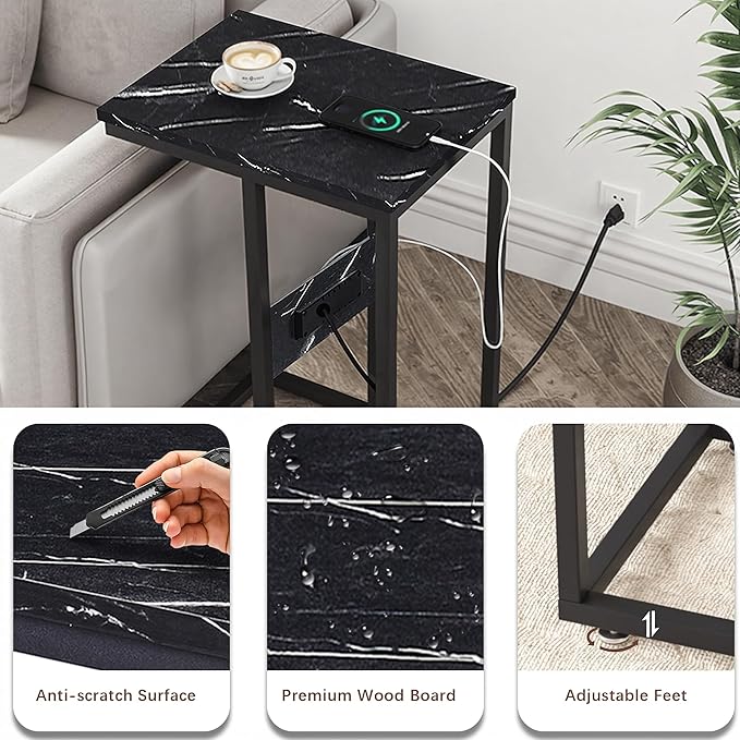 VECELO C Shaped End Side Table with Charging Station & Power Outlets for Couch Sofa/Bed, Snack TV Tray with Metal Frame for Living Room Bedroom 1 PCS, Black Marble