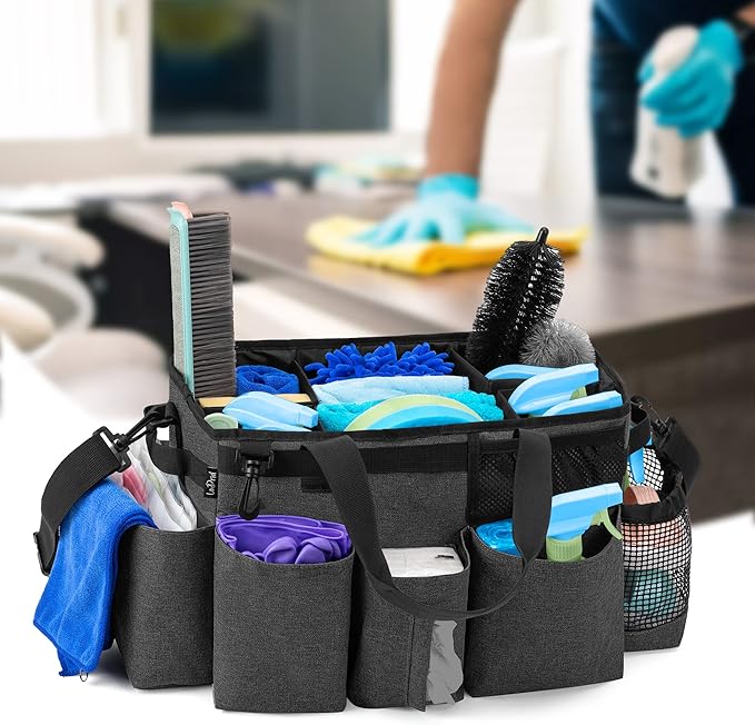 LoDrid Wearable Cleaning Caddy Bag with 4 Foldable Dividers, Cleaning Supply Organizer with Shoulder Strap and Side Handles for Cleaners & Housekeepers, Black