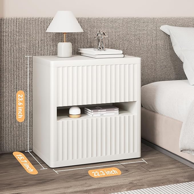 Dripex Fluted Nightstand with 2 Drawers, Large Wide Wood Night Stand Bedside Tables for Bedroom, Mid-Century Modern Storage Bed Side Table, End Tables for Living Room Sofa Couch, White, Set of 1