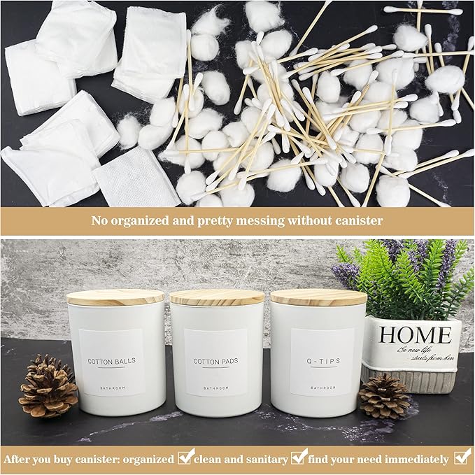 3PCS Farmhouse 13.53oz White Bathroom Canisters with 12 Labels & Wooden Lid Thick Glass Jar Set Qtip Holder for Cotton Ball & Pads Storage Organization Minimalist Decor