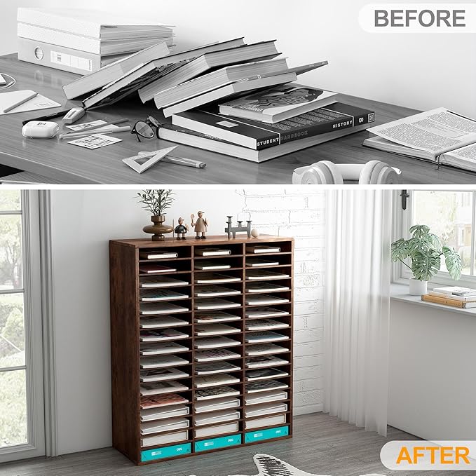 TQVAI Literature Organizer, Heavy Duty 48 Compartments Countertop Mail Organizer with Adjustable Shelves, Wooden Desk Paper Storage Organizer, Mailboxes Cubbies for Office, Classroom, Anqitue
