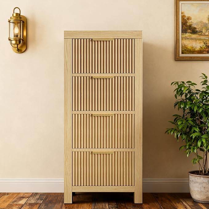 Modern 4-Drawer Solid Wood Dresser with Fluted Front & Gold Handles, Multifunctional Tall Storage Chest, for Hallway, Entryway, Natural