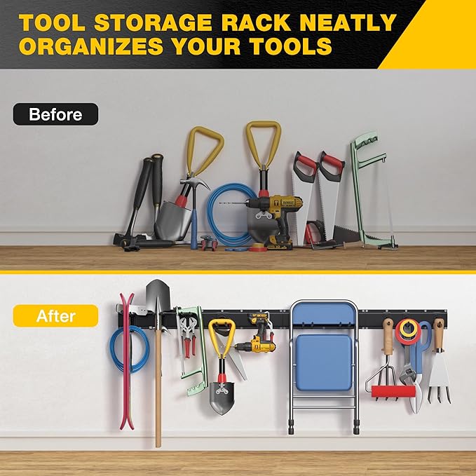 Garage Tool Organizer Wall Mount with 64 inches Rails and 10 Adjustable Heavy-Duty Hooks, Garden Tool Organizer, 14 Pack Carries 630 lbs, Heavy Duty Garage Storage Rack For Yard, Shed, Easy to install