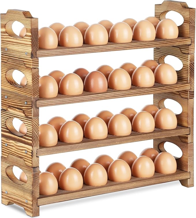 Wooden Egg Holder with 4 Layers/48-Hole, Stackable Wood Egg Rack Countertop with Handle, Stores Chicken/Duck/Quail/Turkey/Easter Eggs