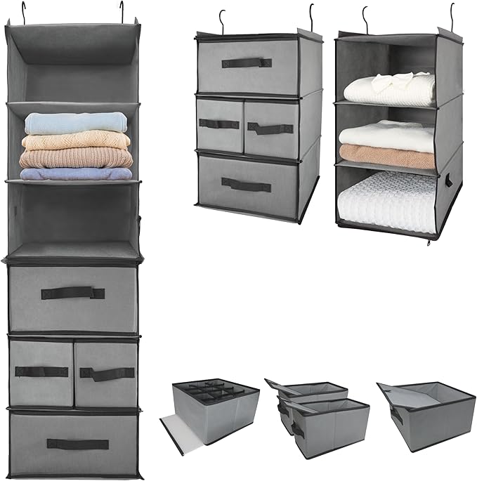 Durable 2-in-1 Hanging Closet Organizer with 2 Separable 3-Tier Hanging Shelves Holder & 4 Removable Drawers,Clothes Storage Organization Space-Saving for Bedroom,Bathroom,Nursery,Dorm,RV