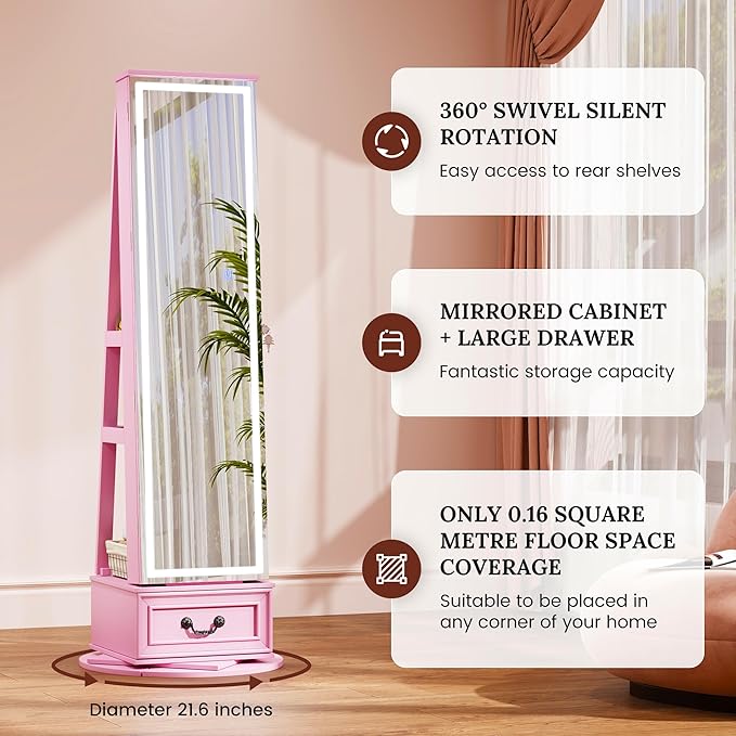 LVSOMT LED Mirror Jewelry Cabinet Standing, 360°Swivel Jewelry Armoire with Full Length Mirror, Mirror with Jewelry Storage and Large Wooden Drawer for Christmas Gifts (Pink)