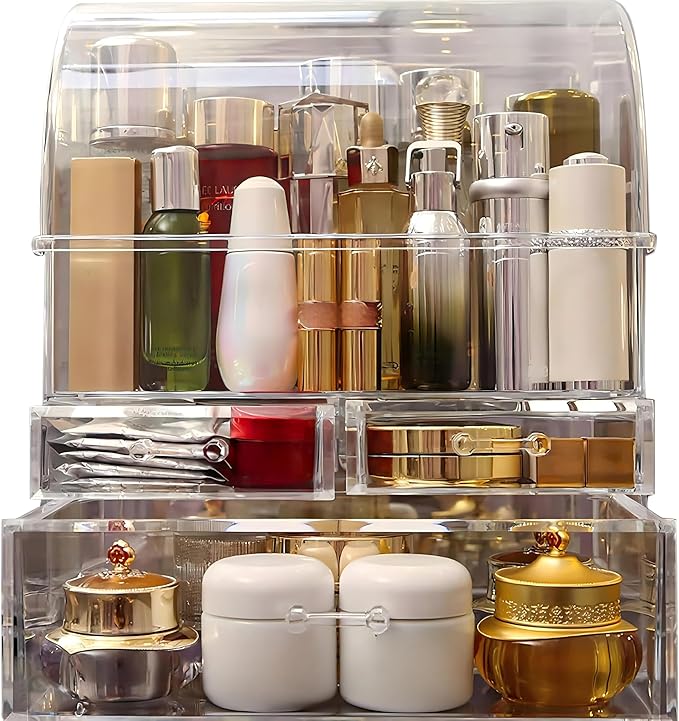 Clear Large Acrylic Makeup Organizer With Lid Cosmetic Storage Drawers Portable Makeup Organizers Dustproof And Waterproof Box For Women (14in)