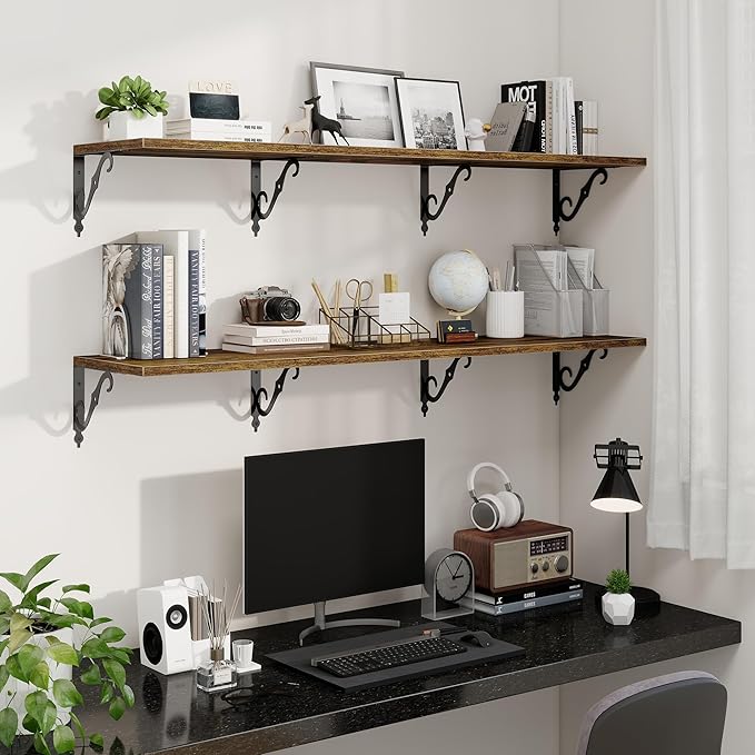 Fun Memories 55 Inch Floating Shelves, Long Floating Shelves Wall-Mounted, 12 Inch Deep Bookshelf with Bracket, 55" W x 12" D Shelves for Wall Display & Storage, Rustic Brown, Set of 2
