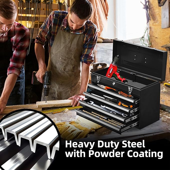 Metal Tool Box with 4 Drawers Portable Steel Tool Chest with Metal Cylinder Lock and Latch Closure, Liner, Powder Coating, Suitable for Garage, Warehouse and Outdoor Repair Job-Black
