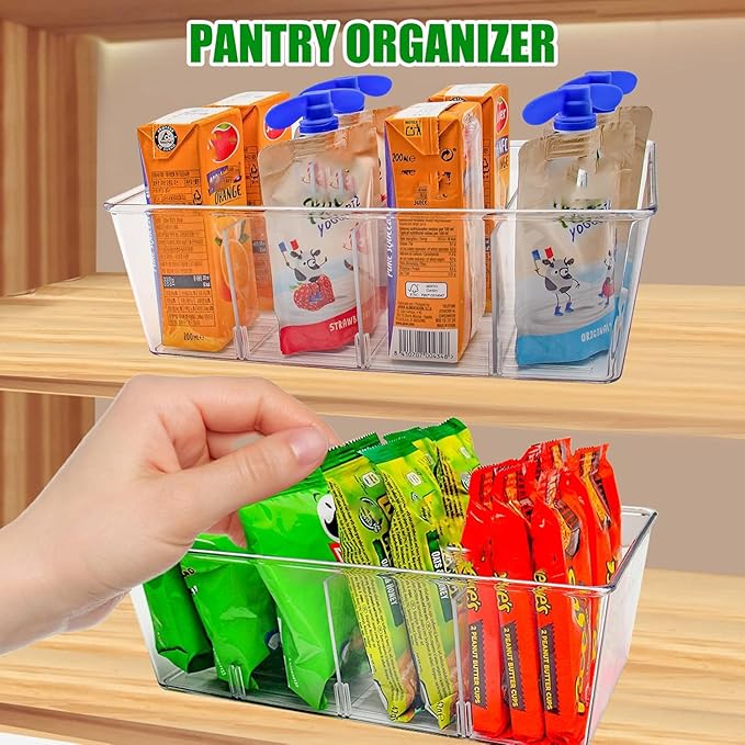 Pantry Organizers and Storage,Kitchen Organizers and Storage for Fridge,Drawer and Refrigerator - Spice Organization for Cabinet,Clear Plastic Stackable Organizer Bins with 3 Dividers (7 Pcs)