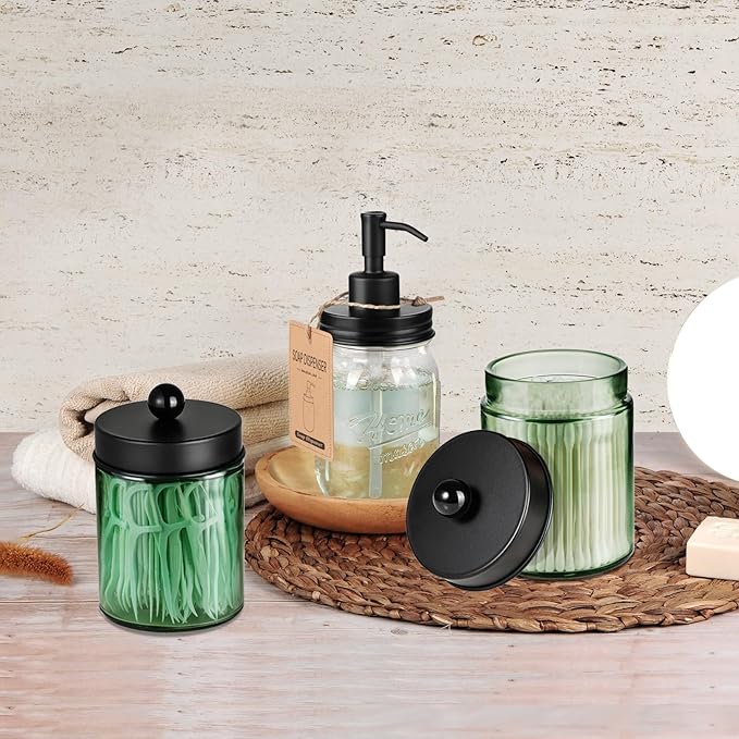 Amolliar Sage Green Glass Apothecary Jar, Qtip Holder Metal Lid & Stickers, Bathroom Qtip Dispenser Storage Canister, Perfect for Cotton Balls, Cotton Swabs, Round Pads, Bath Salt, Floss, Black 2 Pack