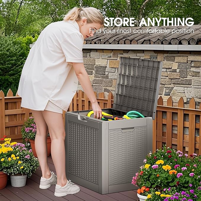 31 Gallon Outdoor Storage Deck Box Waterproof,Garden Tool,Backyard Cushion,Poolside Storage,Small Delivery Boxes for Outside,Lockable Lid,Rattan Grey