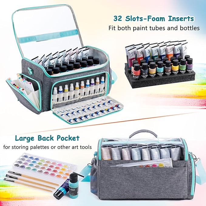 SFYBYHEART Acrylic Paint Organizer Bag with Washable Roll-Up Brush Holder, Large Art Supply Case, Craft Organizer with Foam Inserts for Apple Barrel, Shuttle Art, Caliart Art Supplies Storage Bag