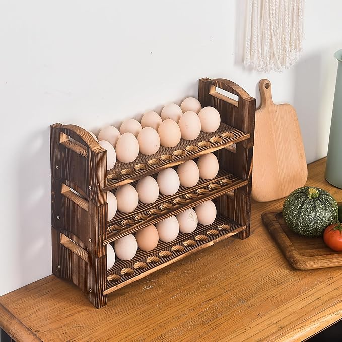Wooden Egg Holder 3 Layer Fresh Egg Rack Holders Countertop Stackable Quail Egg Sorter Storage Trays Organizer Display Stand Kitchen Rack, Fits Duck, Turkey, Chicken Eggs,up to 36 Eggs, 3 Tier-Brown