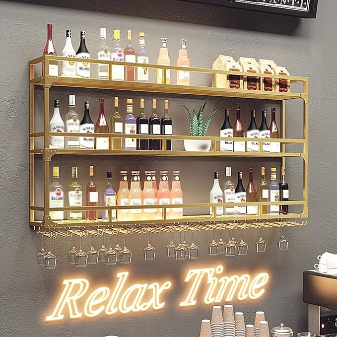 70.8in Wall Mounted Wine Rack, Wine Rack Wall Mounted with Wine Glass Rack, Metal Bar Bottle Display Shelf Wine Cups Hanging Holder, for Home Bar Cafe Decoration (Gold, 70.8 * 10 * 35.5IN)